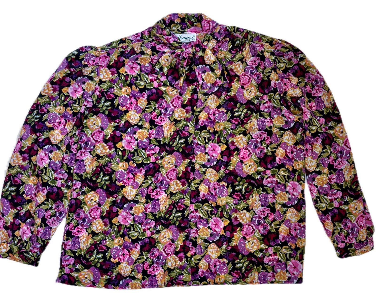 Vintage Floral Blouse with Ascot Style Tie Collar Size 18 Dark Romance Secretary