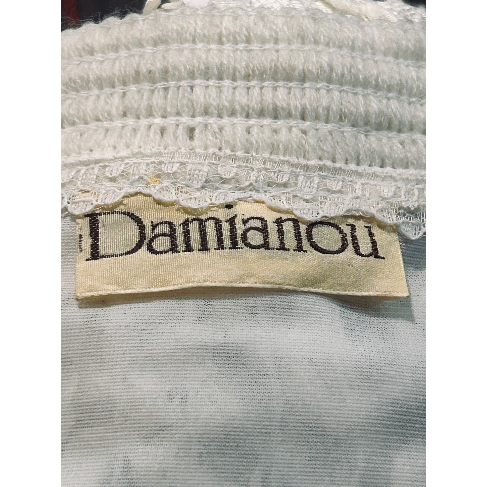 Vintage Damianou Ivory Lace Sequin Drop Waist Gown Long Sleeve Tiered Ruffle