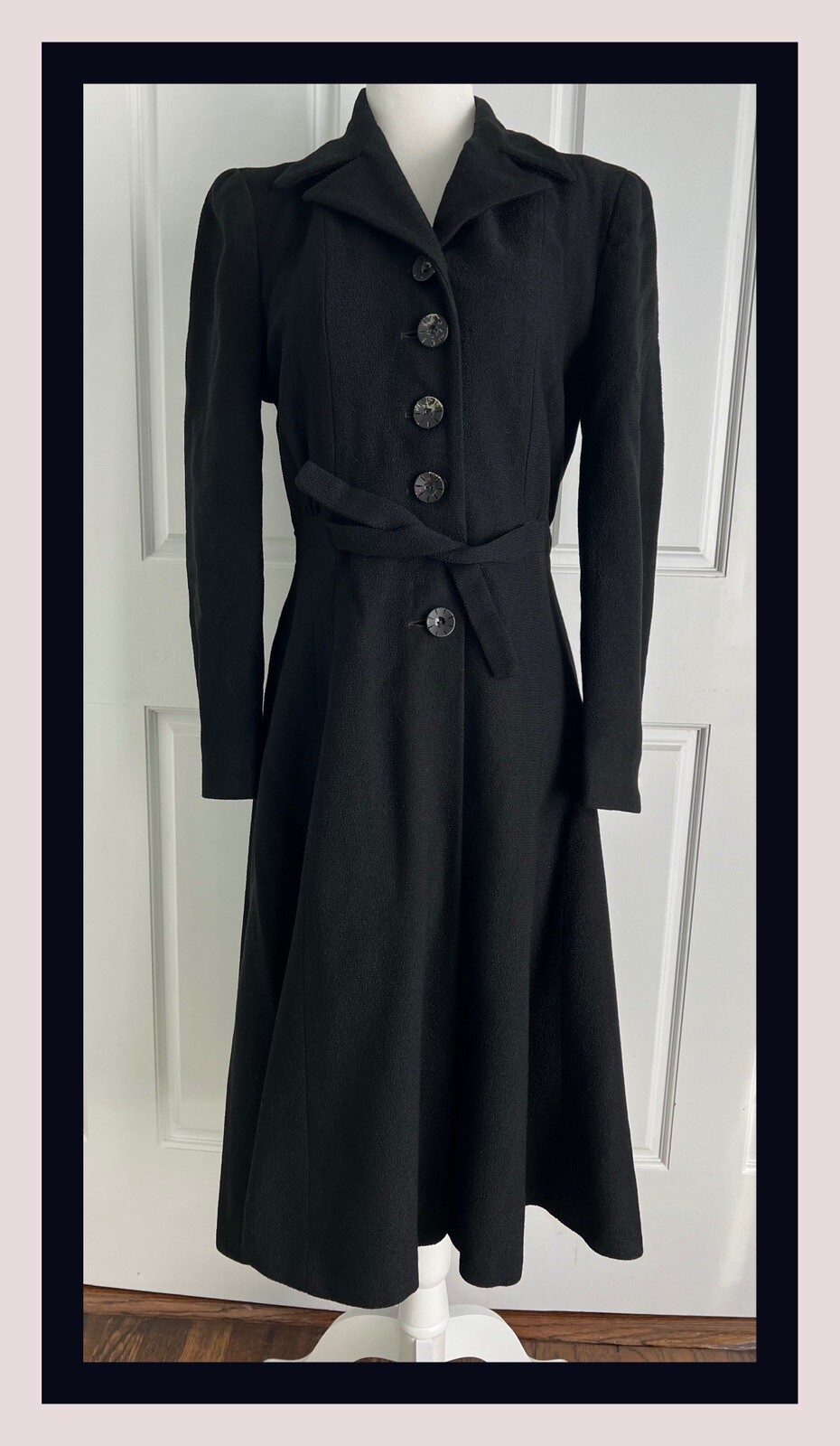 Vintage 1940’s Black Fitted Waist Flared Hem A-Line Coat Silk Lining XS/S