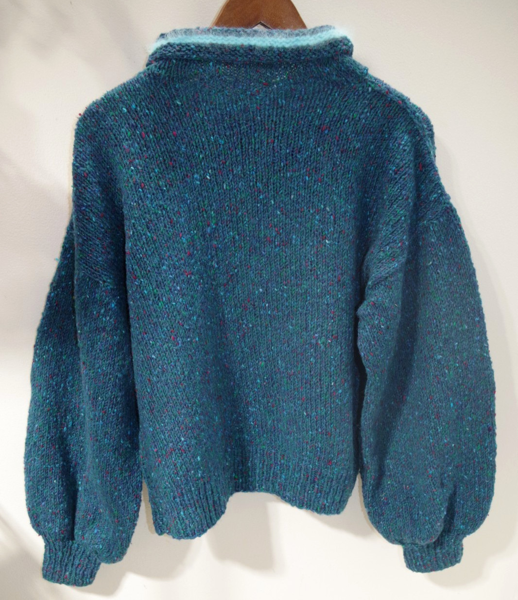 Y1 Vintage Wool Tweed Angora Trim Handknit Sweater Pullover Turquoise Multicolor