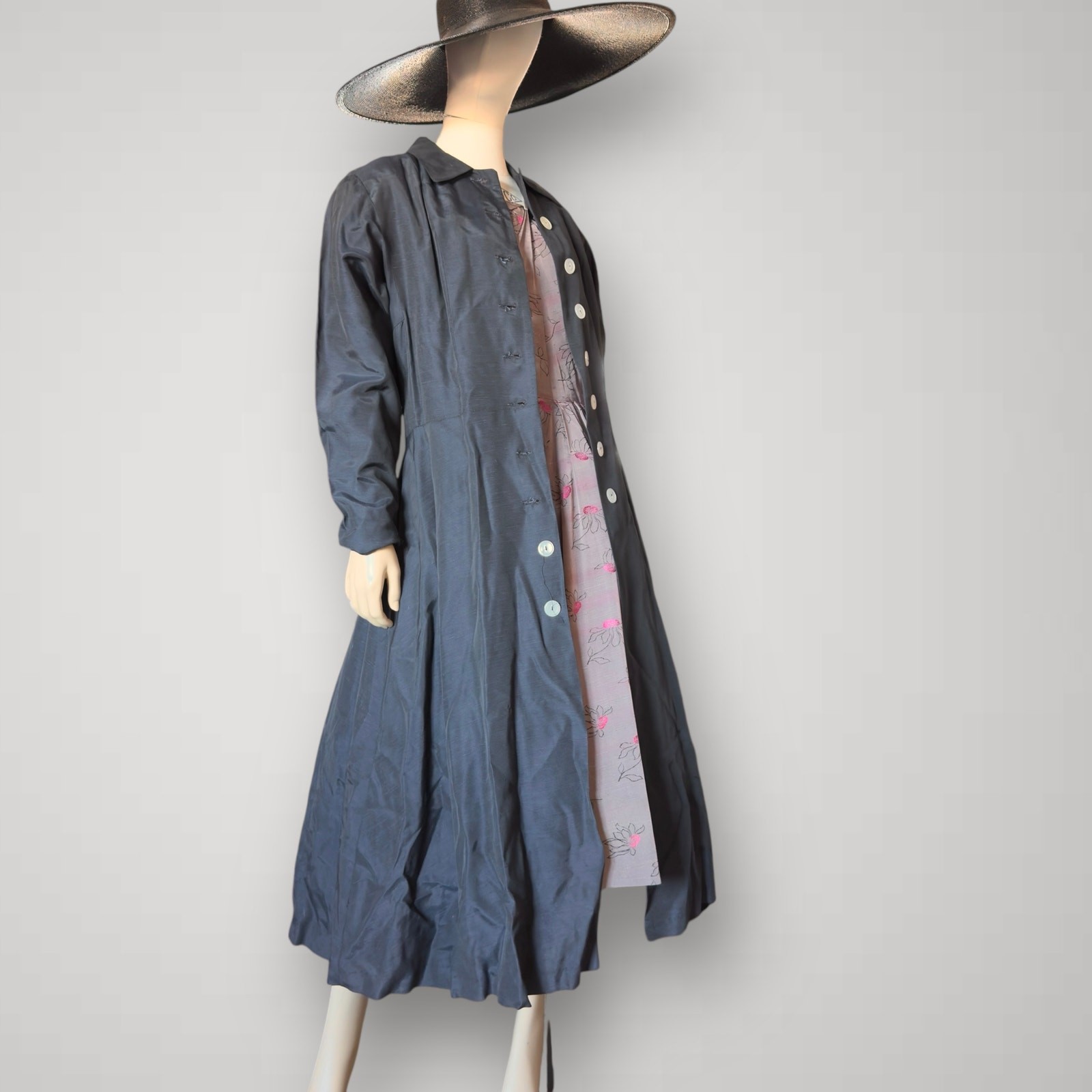 Vintage 1940s New Look Black Silk Duster Princess Coat Button Front Jacket Small