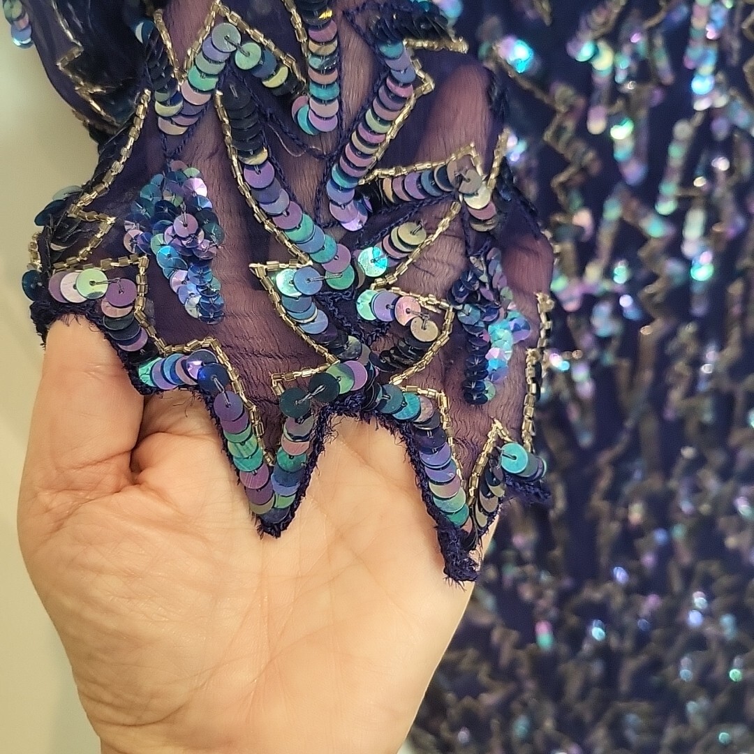 VTG 1970s Evening Gown Dress Womens L Blue 100% Silk Sequin Sheer Rayon Lined