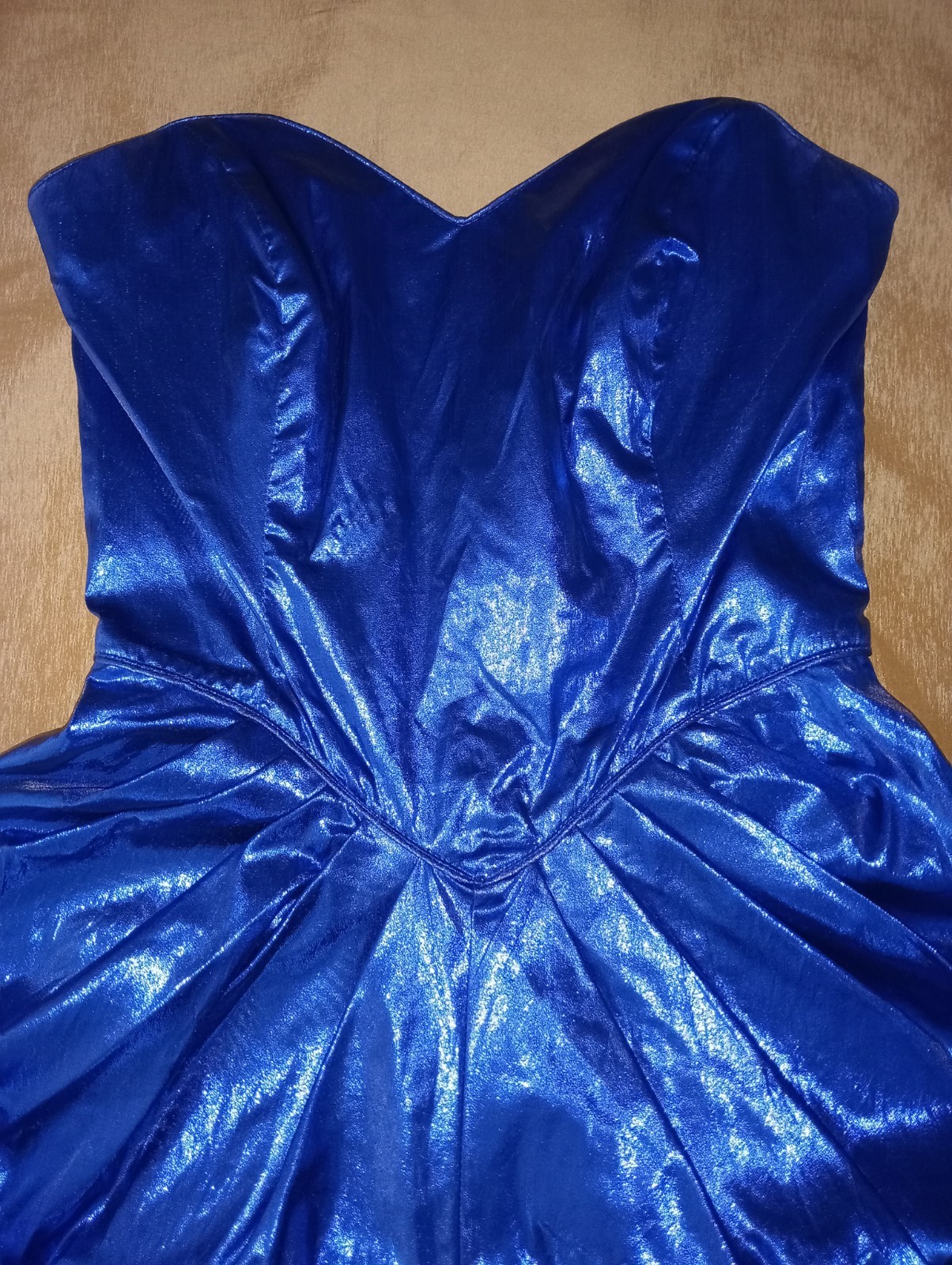 Vtg 80s Couture L.A. GLO dress metallic blue strapless bodycon peplum boning