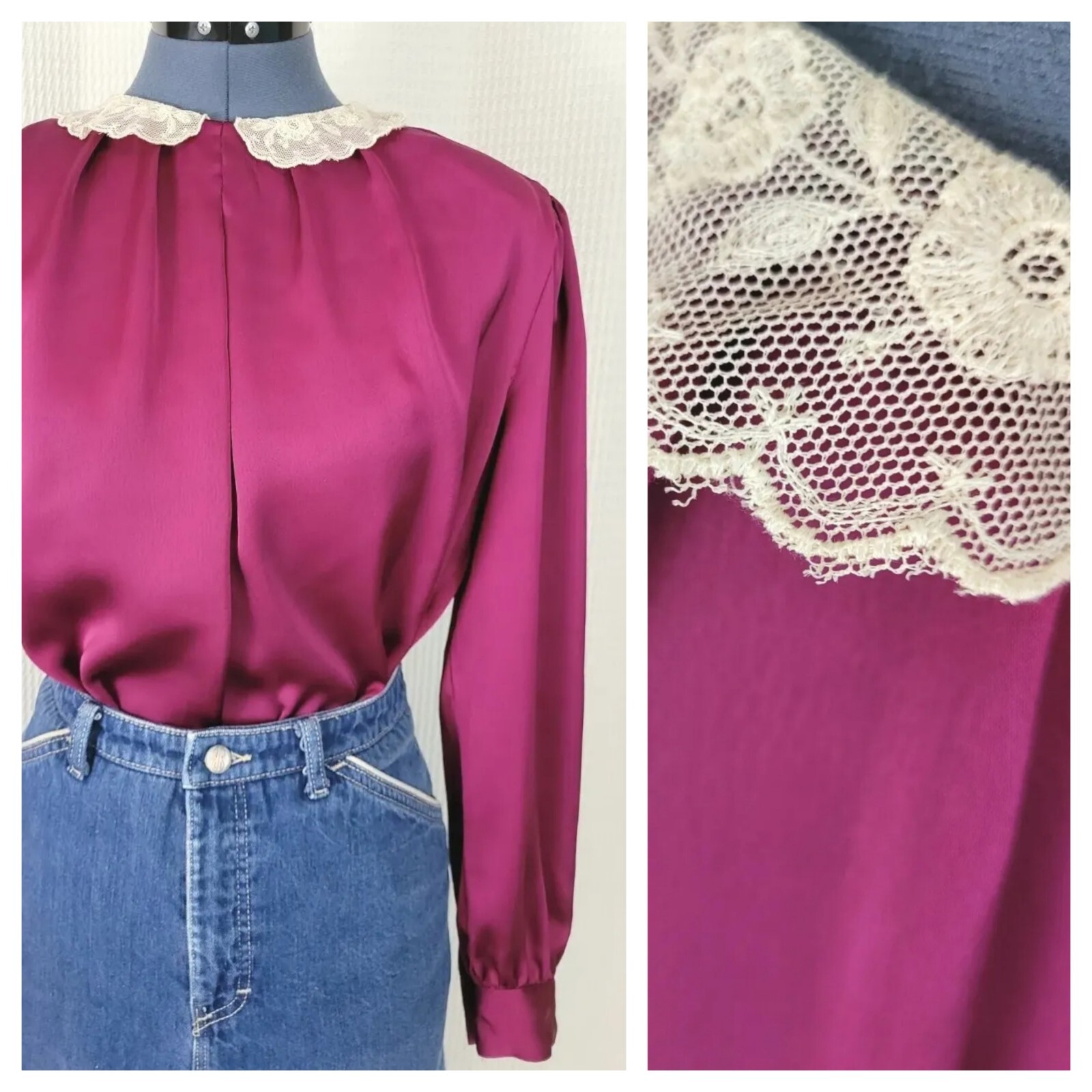 Vintage Plum Blouse with Cream Lace Collar 44″ Bust Size XL?