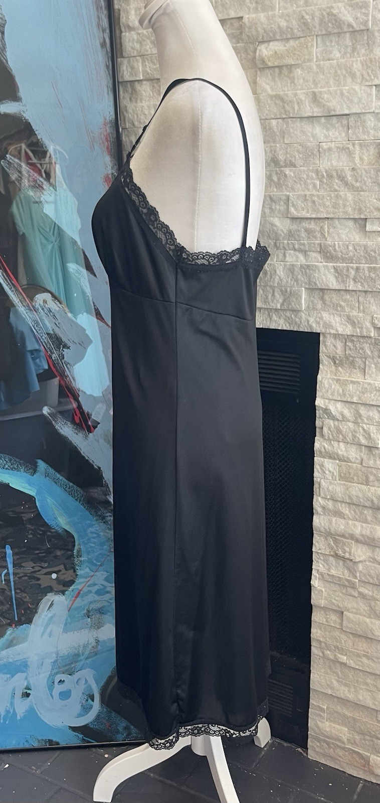 VINTAGE JET BLACK WITH BLACK LACE FIRST LOVE WOMEN’S FULL NYLON SLIP IN SIZE 36