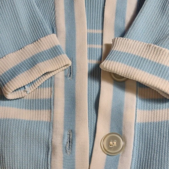 Vintage 70’s Light Blue w/White Stripes Short Sleeve Cardigan w/ Faux Tank – M