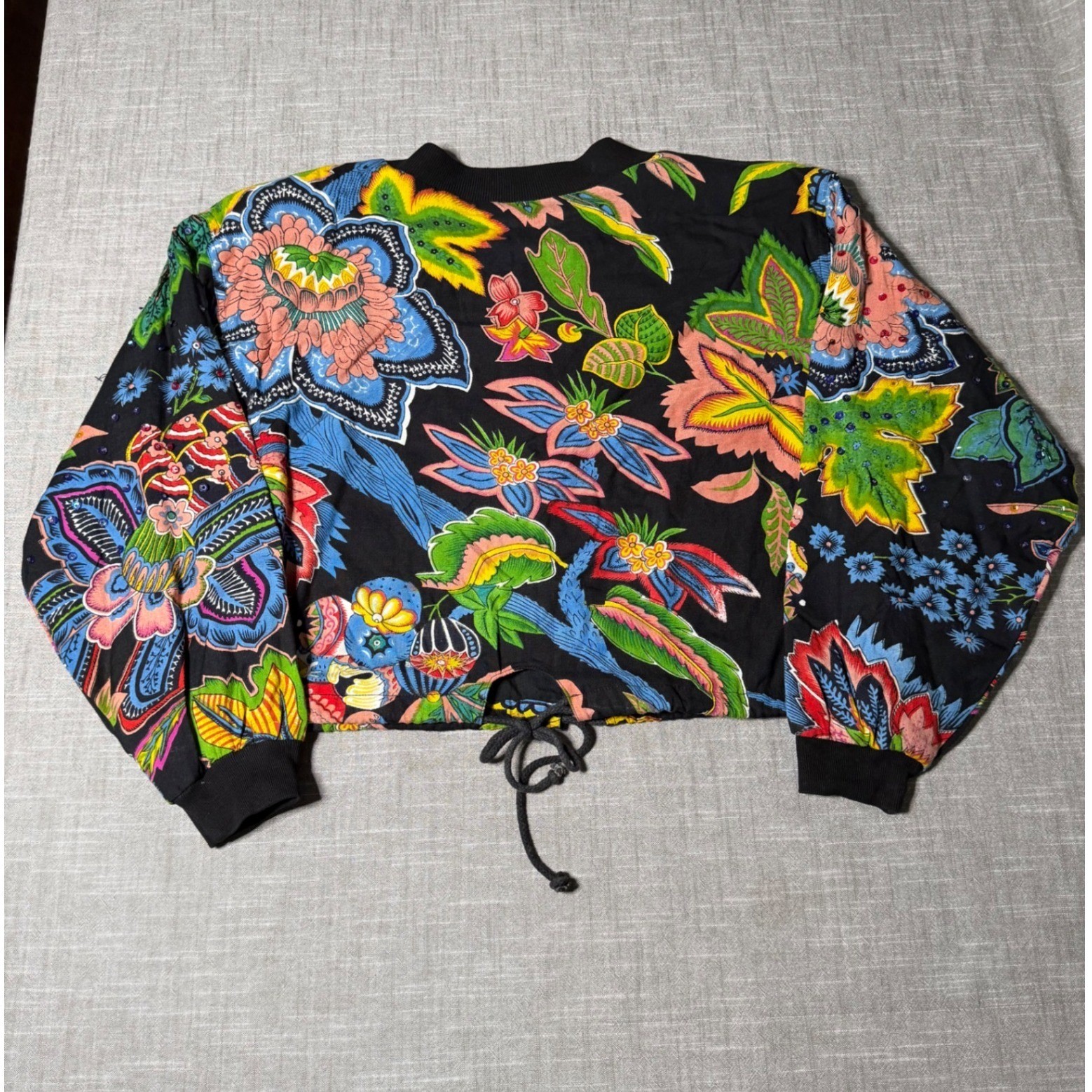 Speed Limit MPH Vintage Floral Sequin Beaded Crop Bomber Jacket Black Medium