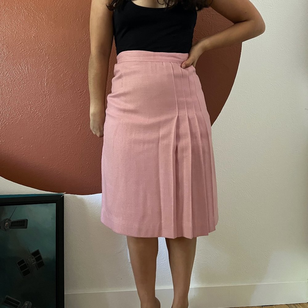 Vintage 1970s Pink Skirt Suit Pleated Blazer Set Small Wool Blend