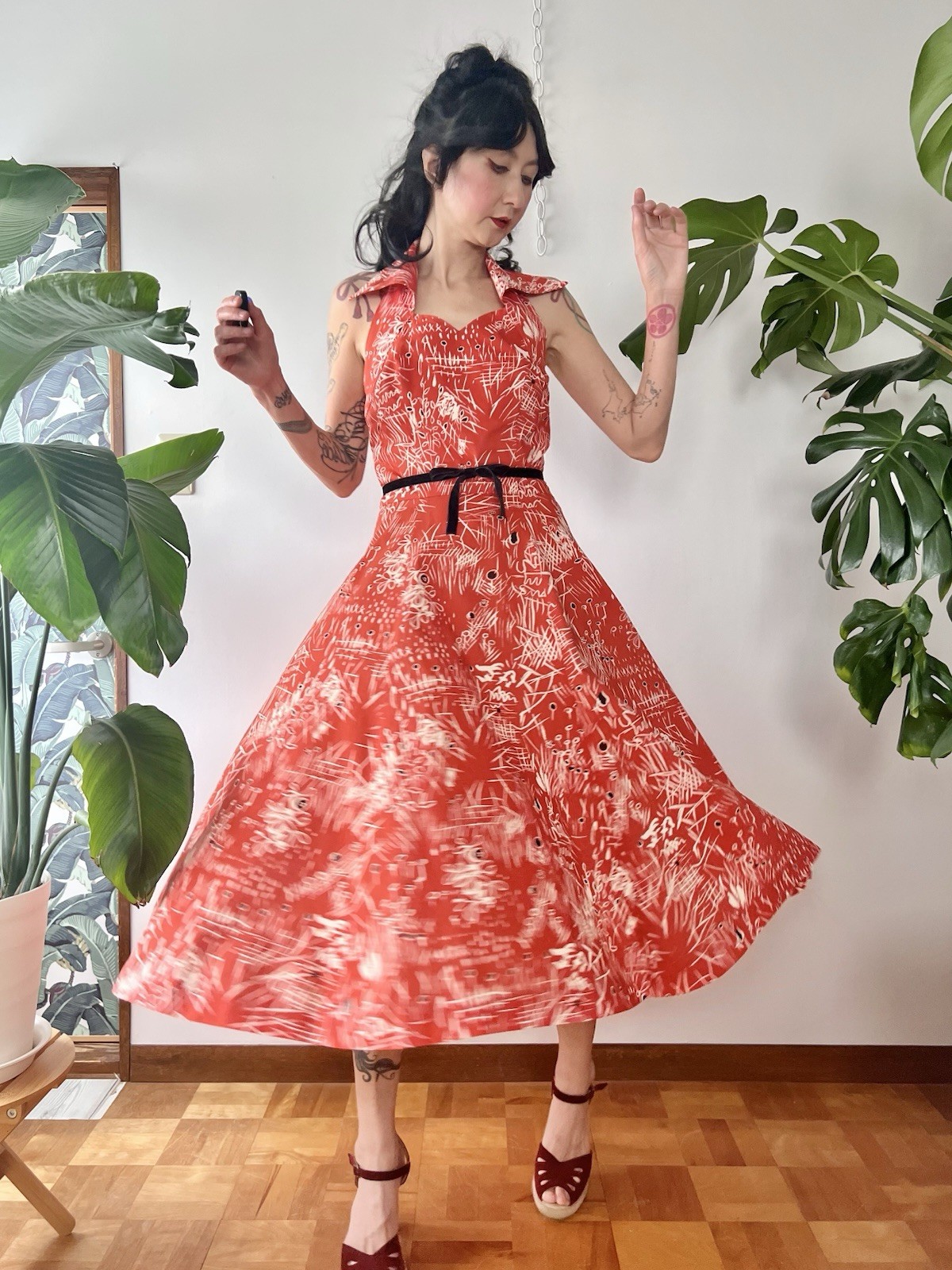 50s Abstract Print Collared Halter Neck Corset Lace Up Cotton Dress S/M LVL Tiki