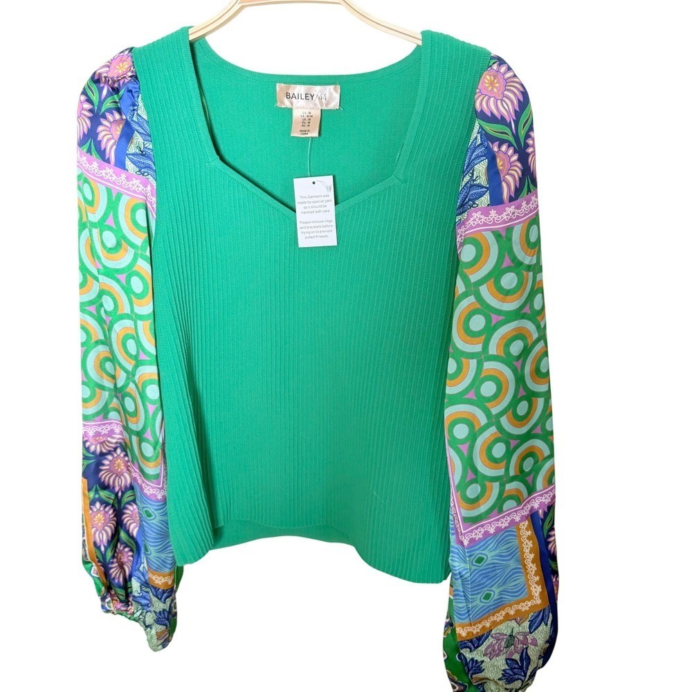 Bailey 44 Green Ribbed Mixed Media Top Print Balloon Sleeve Medium New Retro