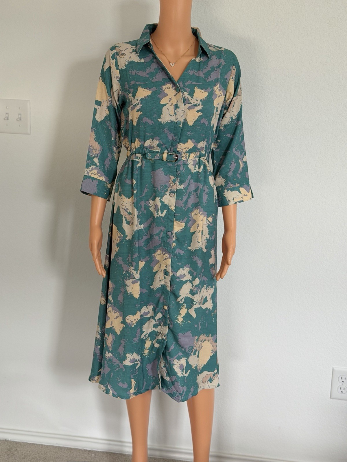 Vintage Shirt Dress Green Beige Purple Abstract Print Long Sleeve Belted