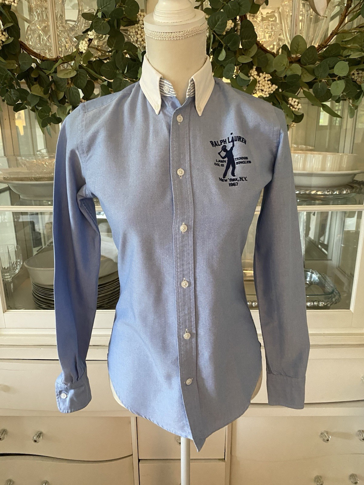 Ralph Lauren Slim Fit Button Down Shirt Blue Tennis Logo Women 2 Old Money XS