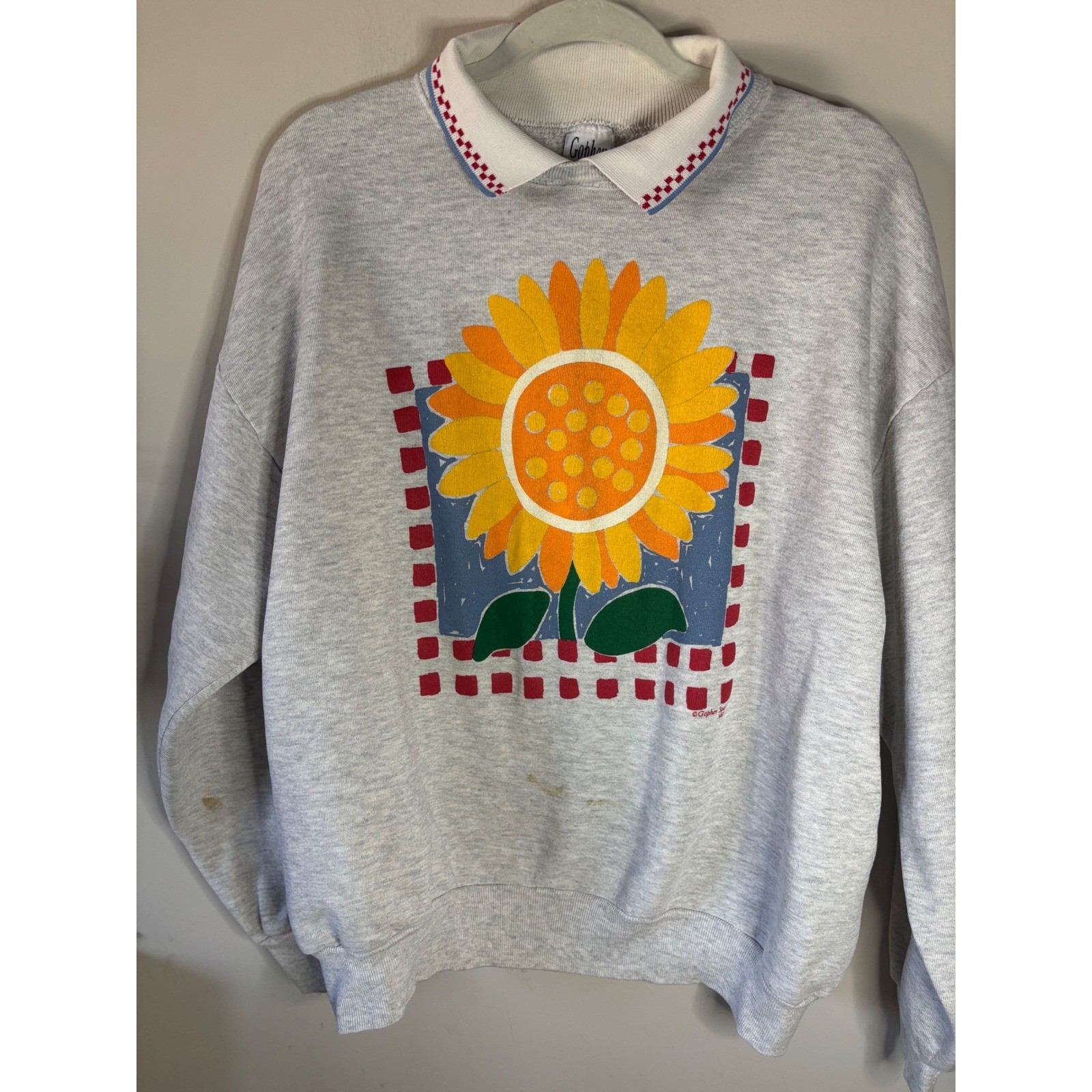 Vintage Gopher Sport Sunflower Sweatshirt Gray Collared Graphic Pullover XL