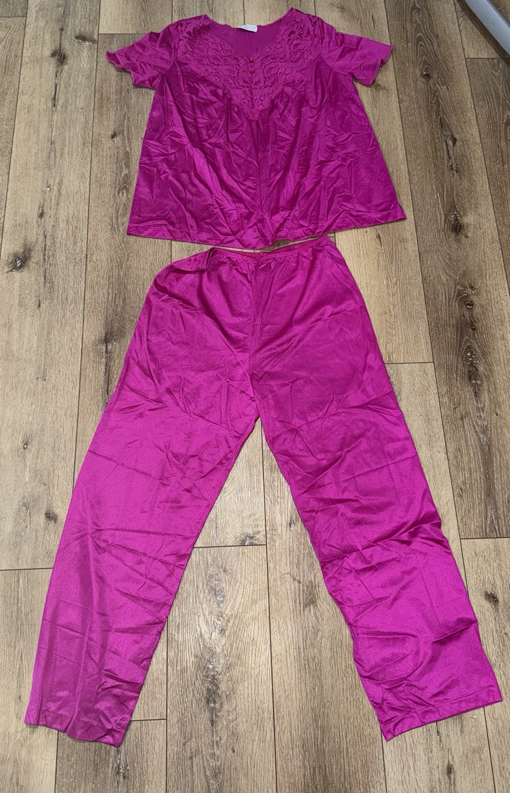 Vintage Vassarette Fuschia Pink Satin Pajama Set Lace Medium