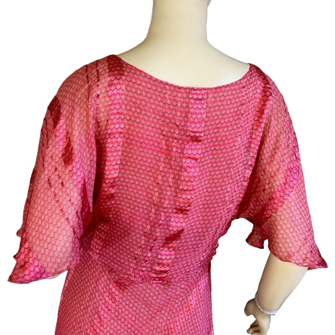 WOMEN’S VINTAGE 1970’S RED, PURPLE & GOLD SILK FARM SILK DRESS SZ S
