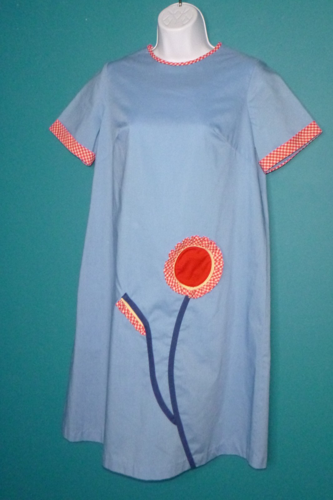 Vtg 60s Charmode House Dress Shift Blue W/ Red Gingham 3D Flower & Trim Sz S/M