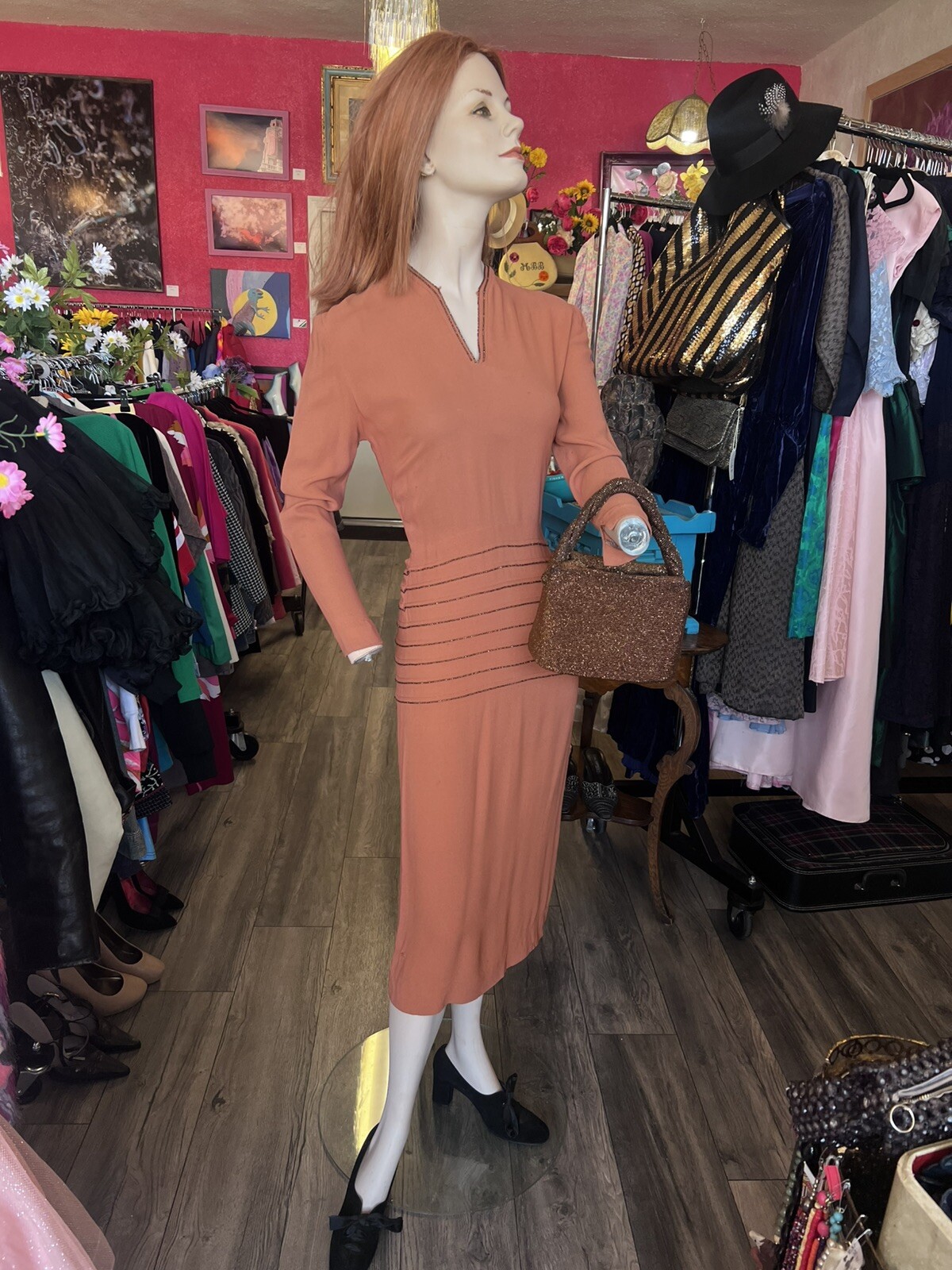 1940s Cinnamon Crepe Dress With Rust Beaded Waist And Fabric Covered Button Back