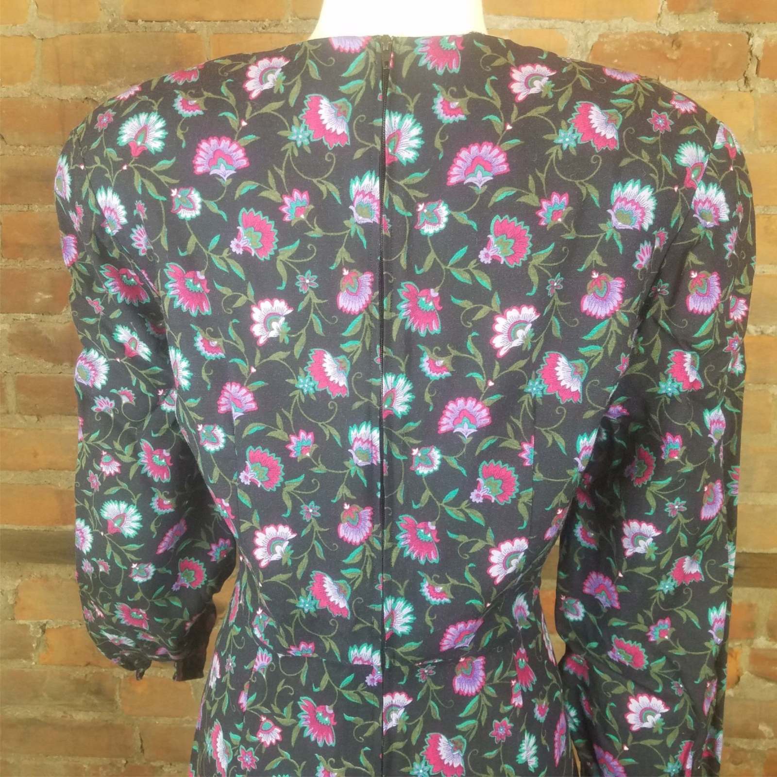 Vintage Dress Midi Black Floral Red Green Lilac Print Long Sleeves Sz M