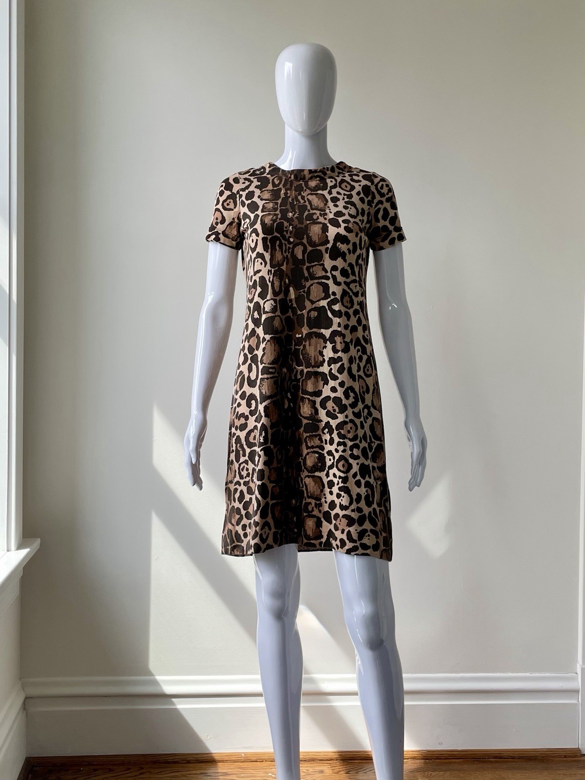 Vintage S M Mini Dress Rare Anne Klein 70s Late 60s Leopard Print Knit Mod VGUC
