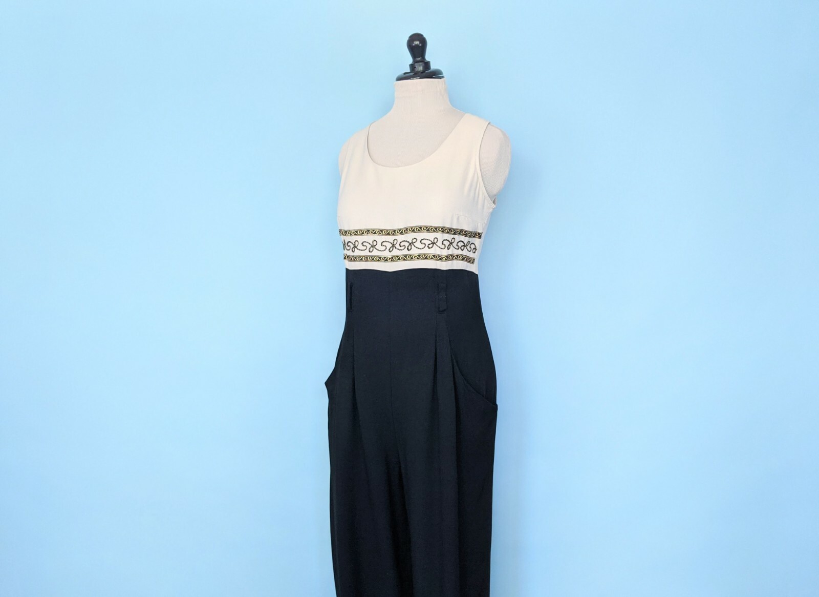 Vintage 60s Two Toned Embroidered Jumpsuit, 1960s Wide Leg Rayon Jumpsuit