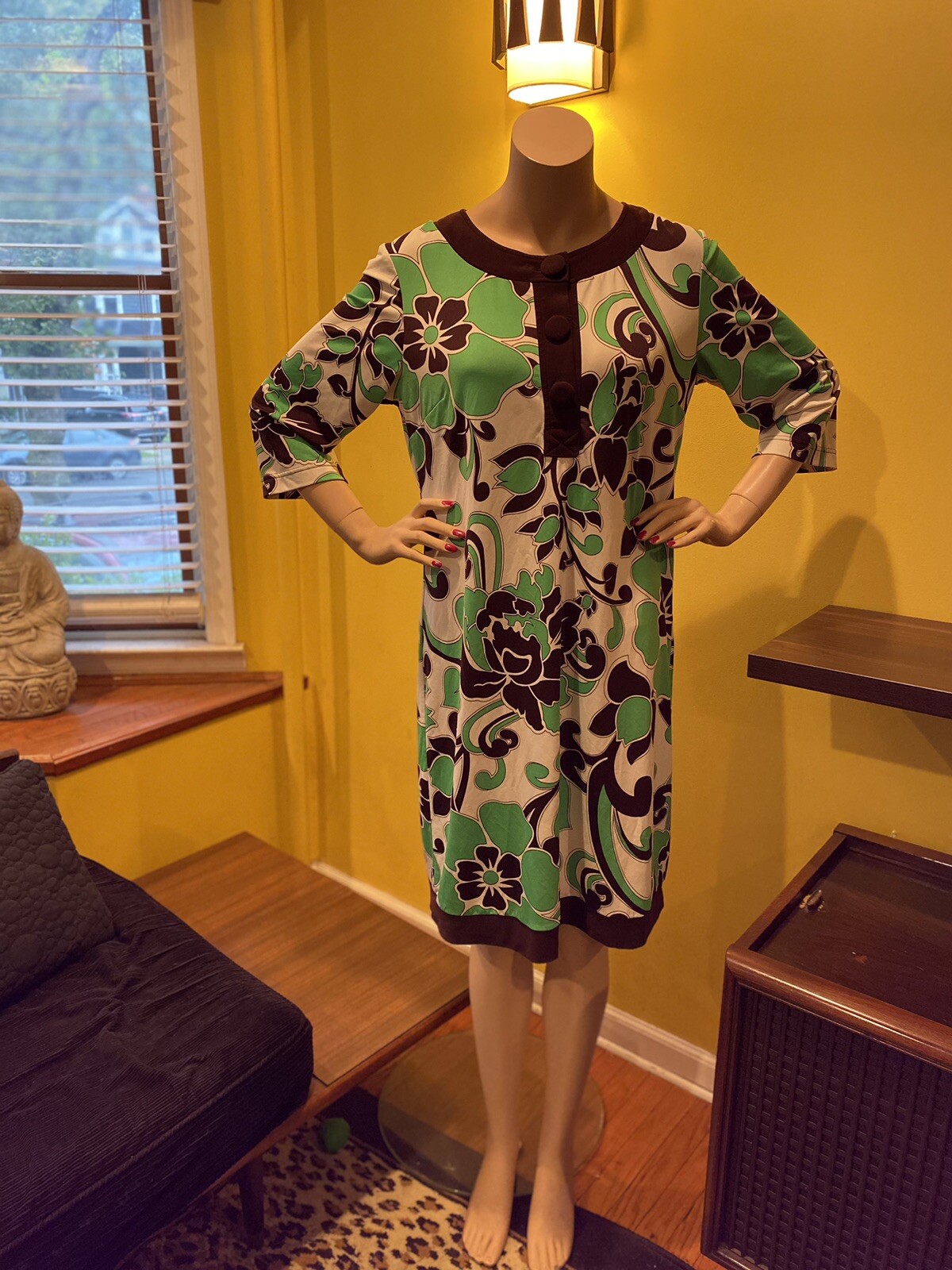 VINTAGE 70’s Women MINI DRESS Green&Brown Psychedelic Print 42 Inch Bust