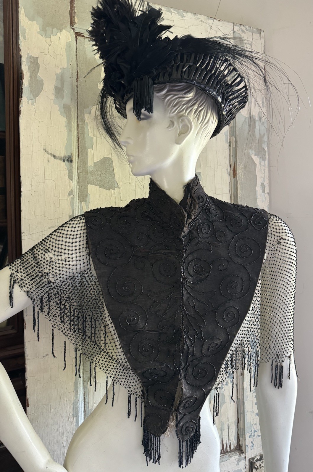 Black Beaded Victorian Capelet 21” Authentic Antique 1800s Great Display Gothic