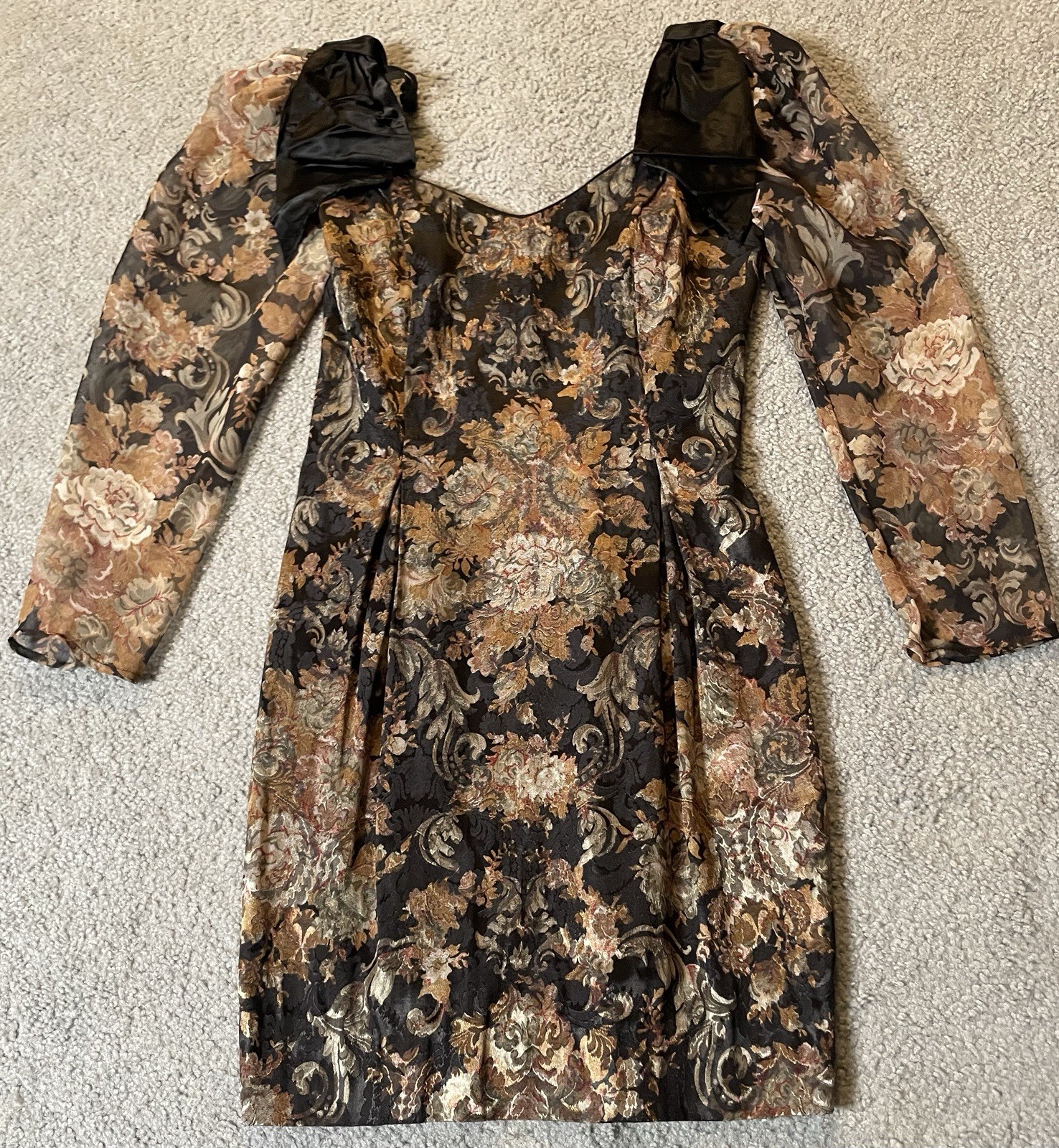 Vtg 80s Floral Brocade Mini Dress S Beige Black Bow Sheer Sleeve Pleated Classic