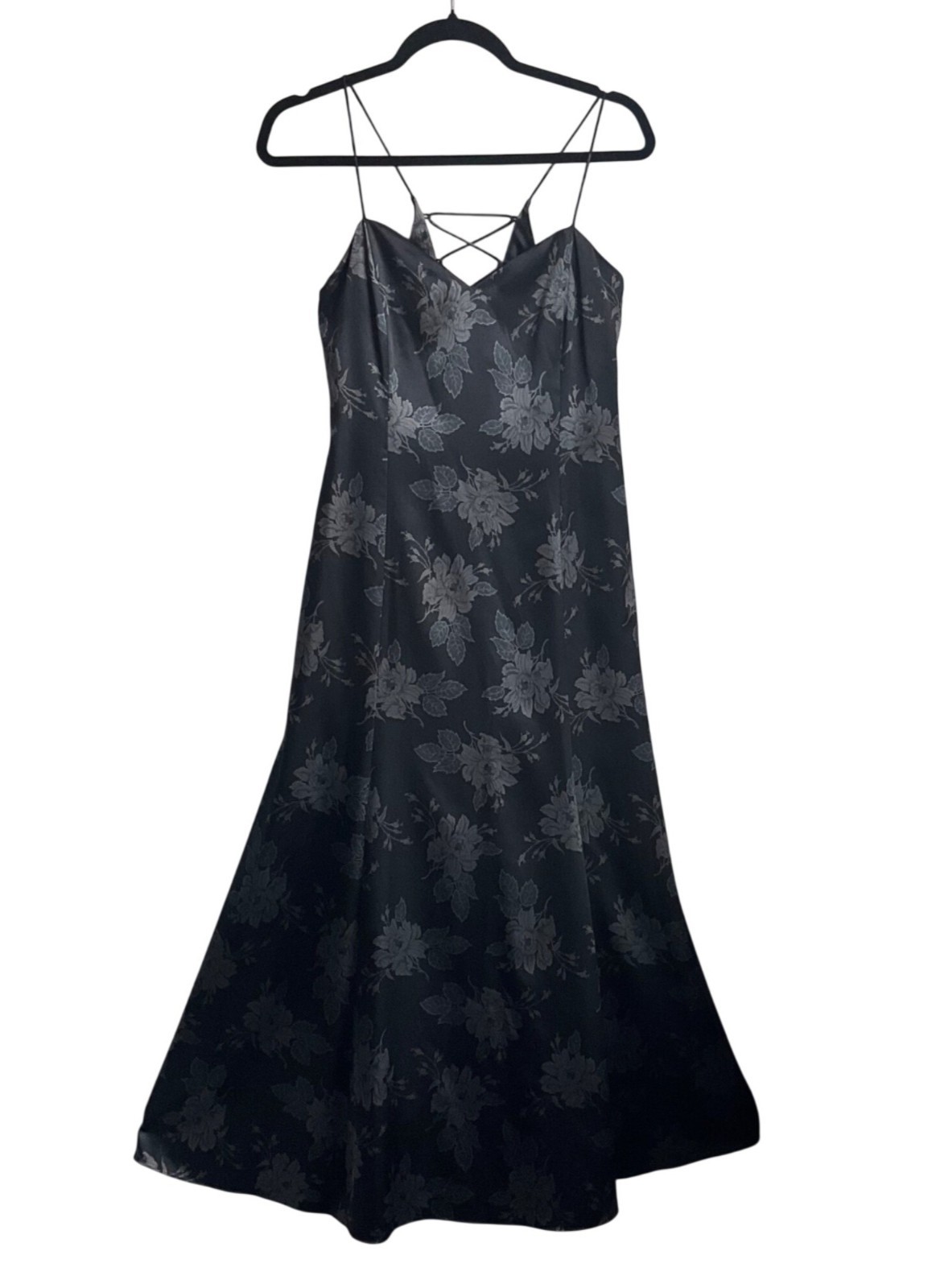 VTG Adrianna Papell Y2K Black Floral Gown Lace-Up Back Satin Formal Dress Whimsy