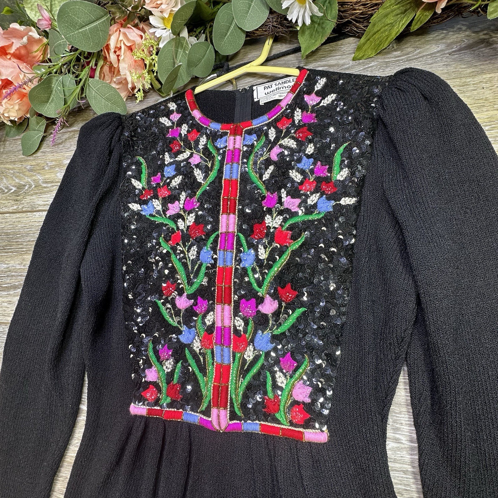 1980S PAT SANDLER FLORAL EMBROIDERED KNIT DRESS Vintage Black 4 Womens Sequin