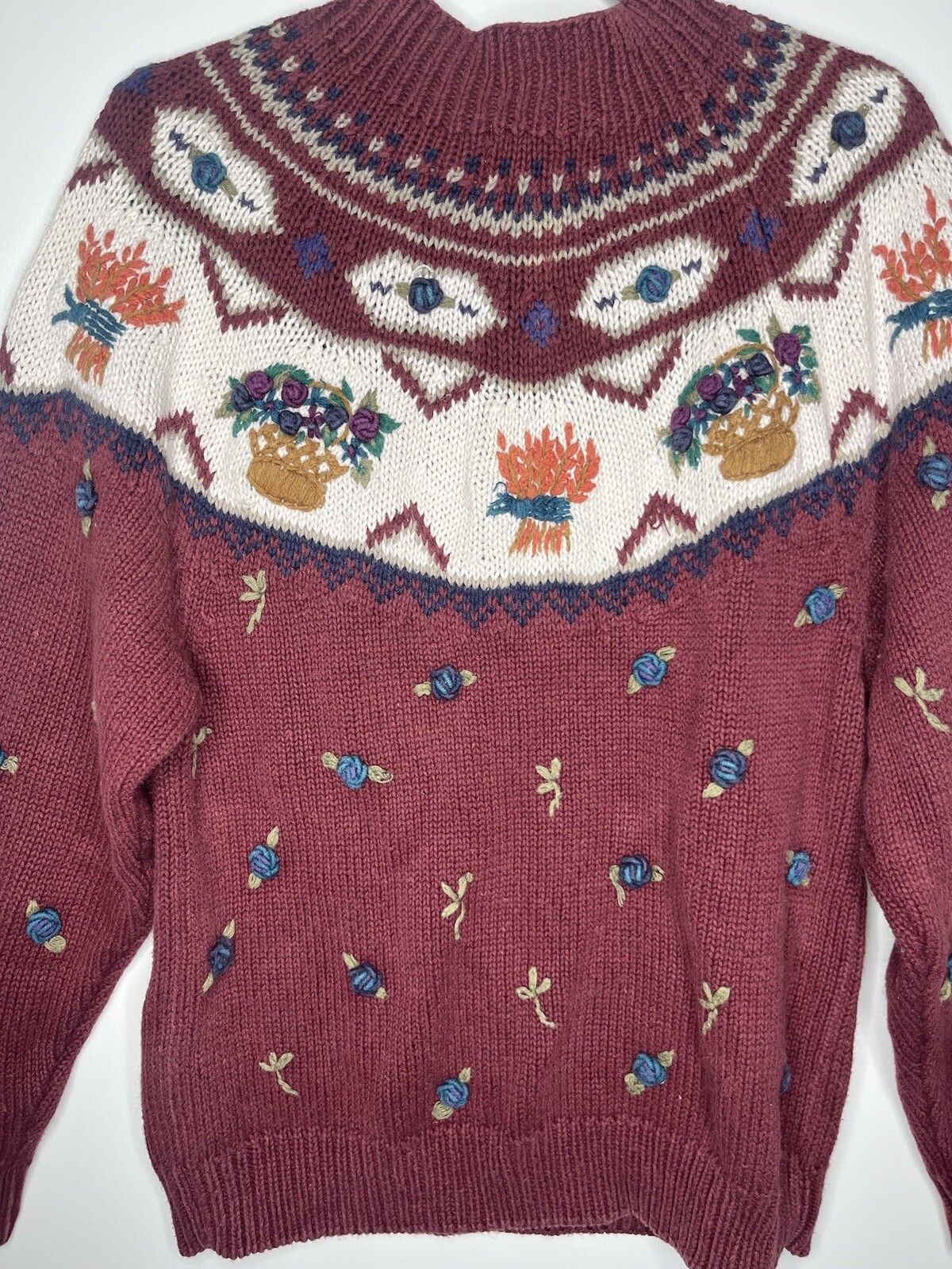 Van Heusen Hand Knitted For Her Floral Sweater Burgundy Size Small Vintage