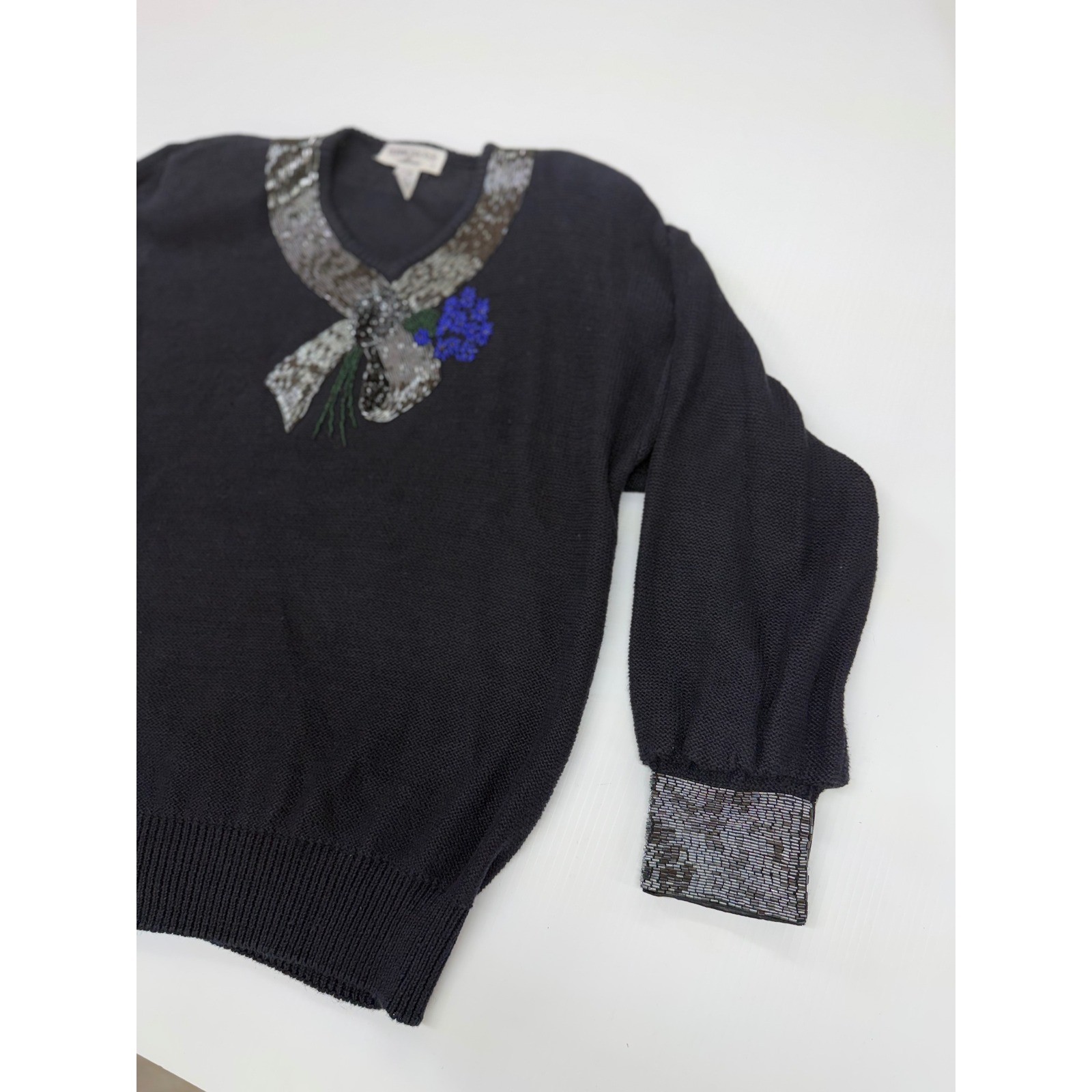 VTG Bonnie Boerer Sweater Black Beaded Sequin Bow Floral Ramie Cotton Womens M