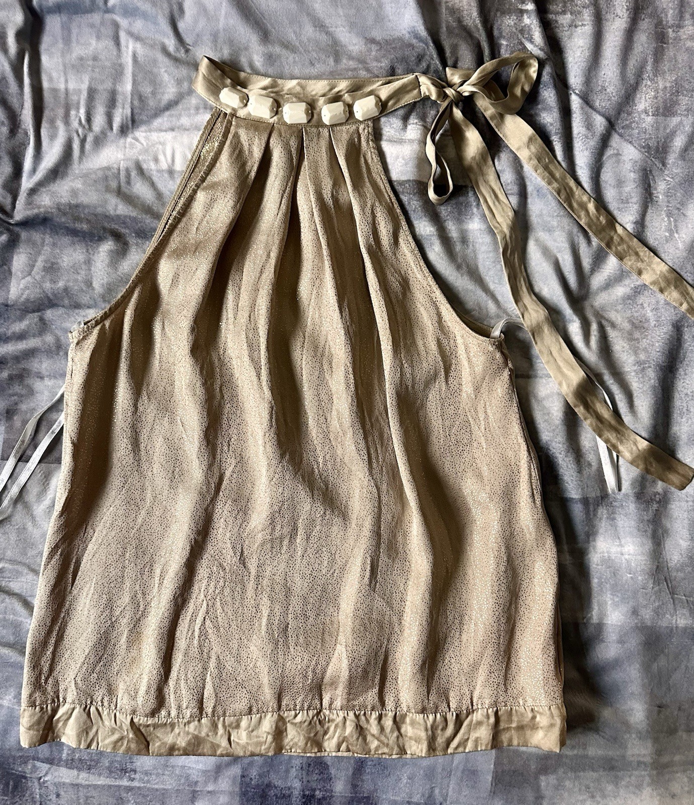 Y2K Vintage Silk Gold/Beige & Gem Kalé Bob Paris/LA PoetCore top W Sash Tie Sz M