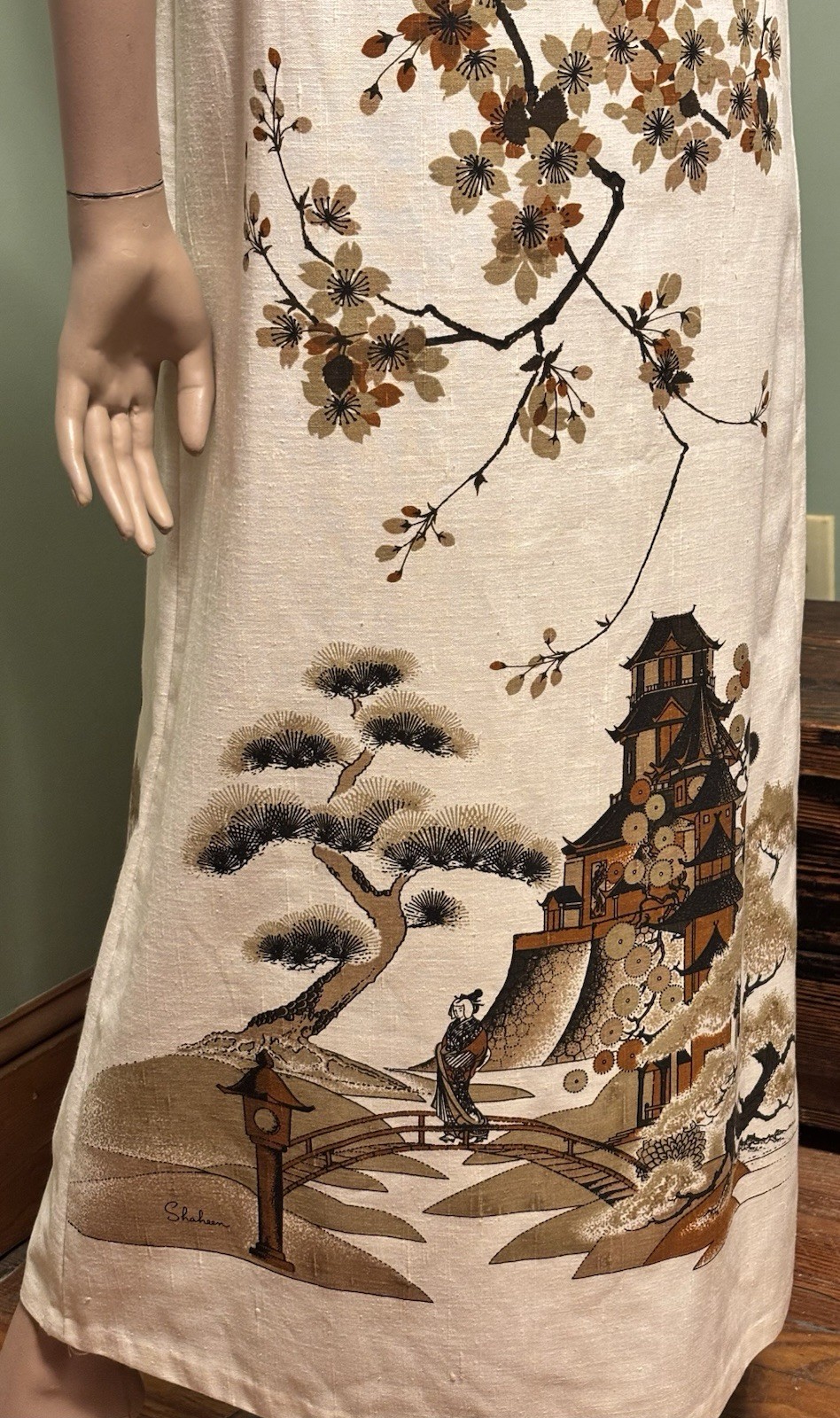 Vintage Alfred Shaheen Asian Inspired Hand Printed PAGODA Maxi Dress