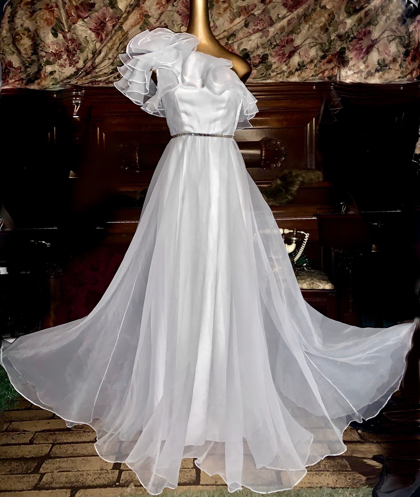 Jewel Rhinestone Vintage Gala Pageant Maxi Chiffon Empire Ballgown Dress 2 XS