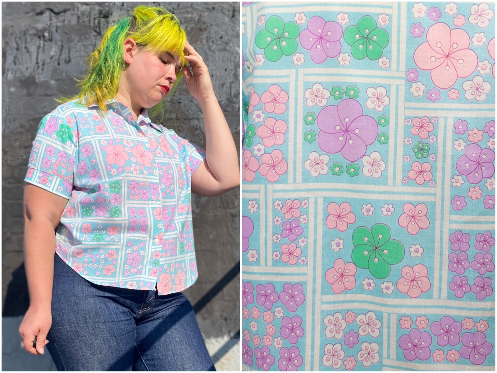 60’s Blue Blossom Floral Green Pink Purple Collar Button Shirt Pattern Vintage
