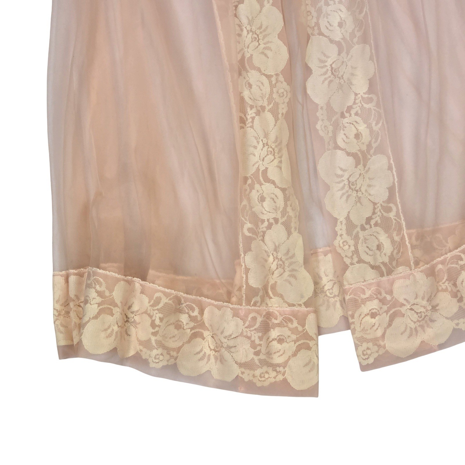 VTG 60s Pastel Pink Sheer Lace Trim Robe Puff Sleeve Chiffon Lingerie M Coquette