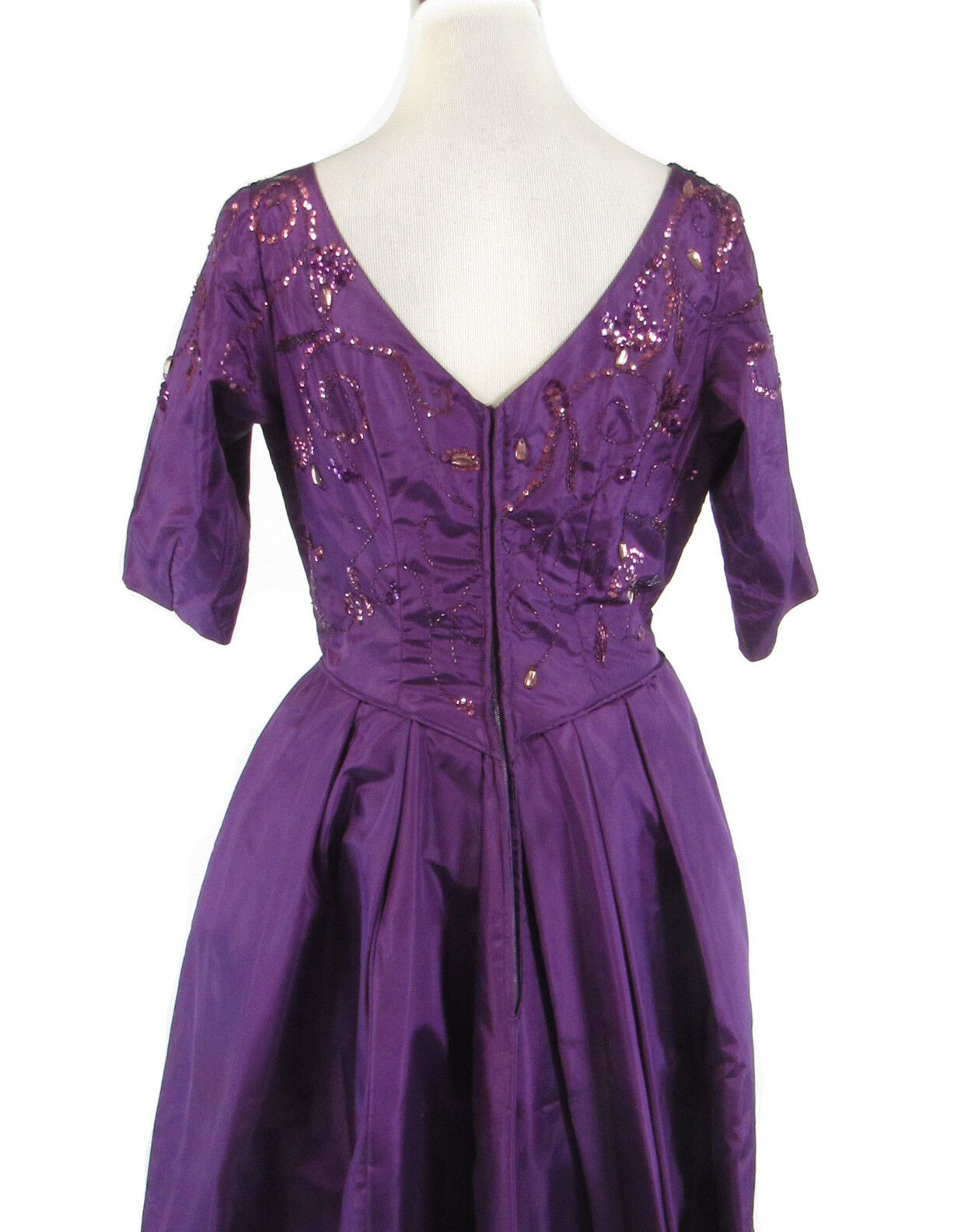 Purple silk 1/2 sleeve sequin trim beaded ball gown vintage dress S