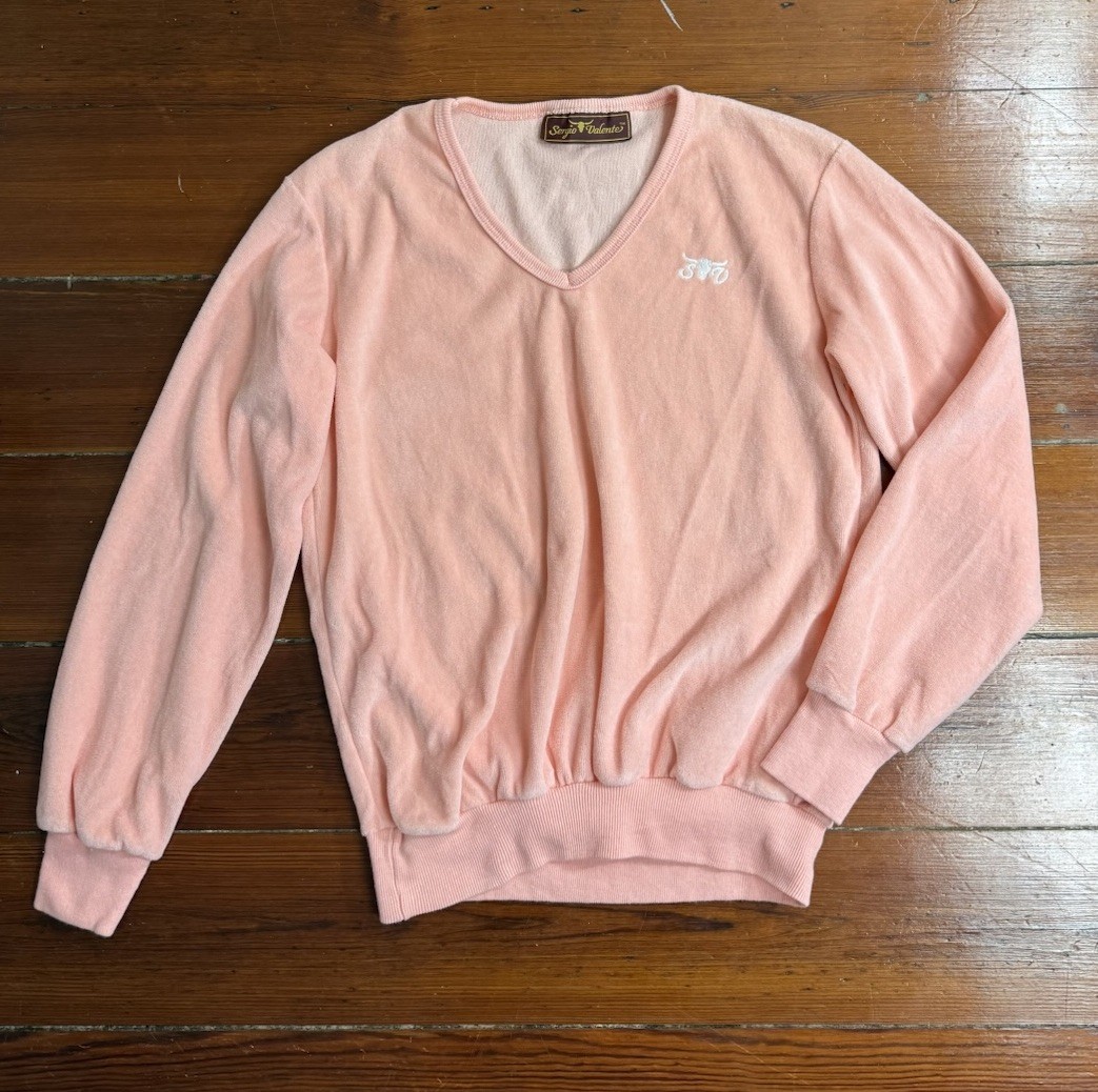 Vintage 70’s Sergio Valente Velour Peach V-Neck Sweater Made in USA Sz XS 💚🍄