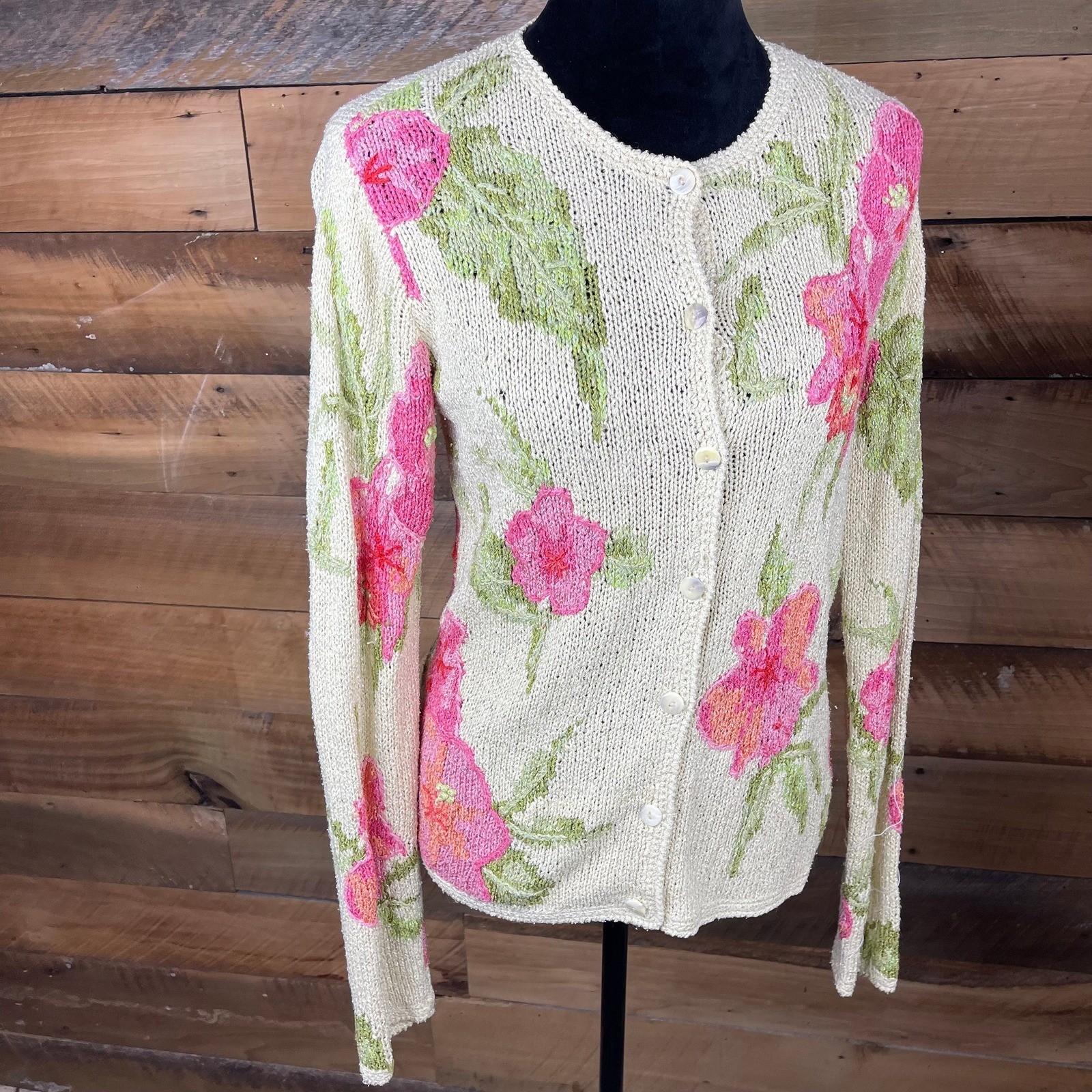 Vintage Medium David Brooks Brand Hand Knitted Cardigan Sweater Pink Flowers