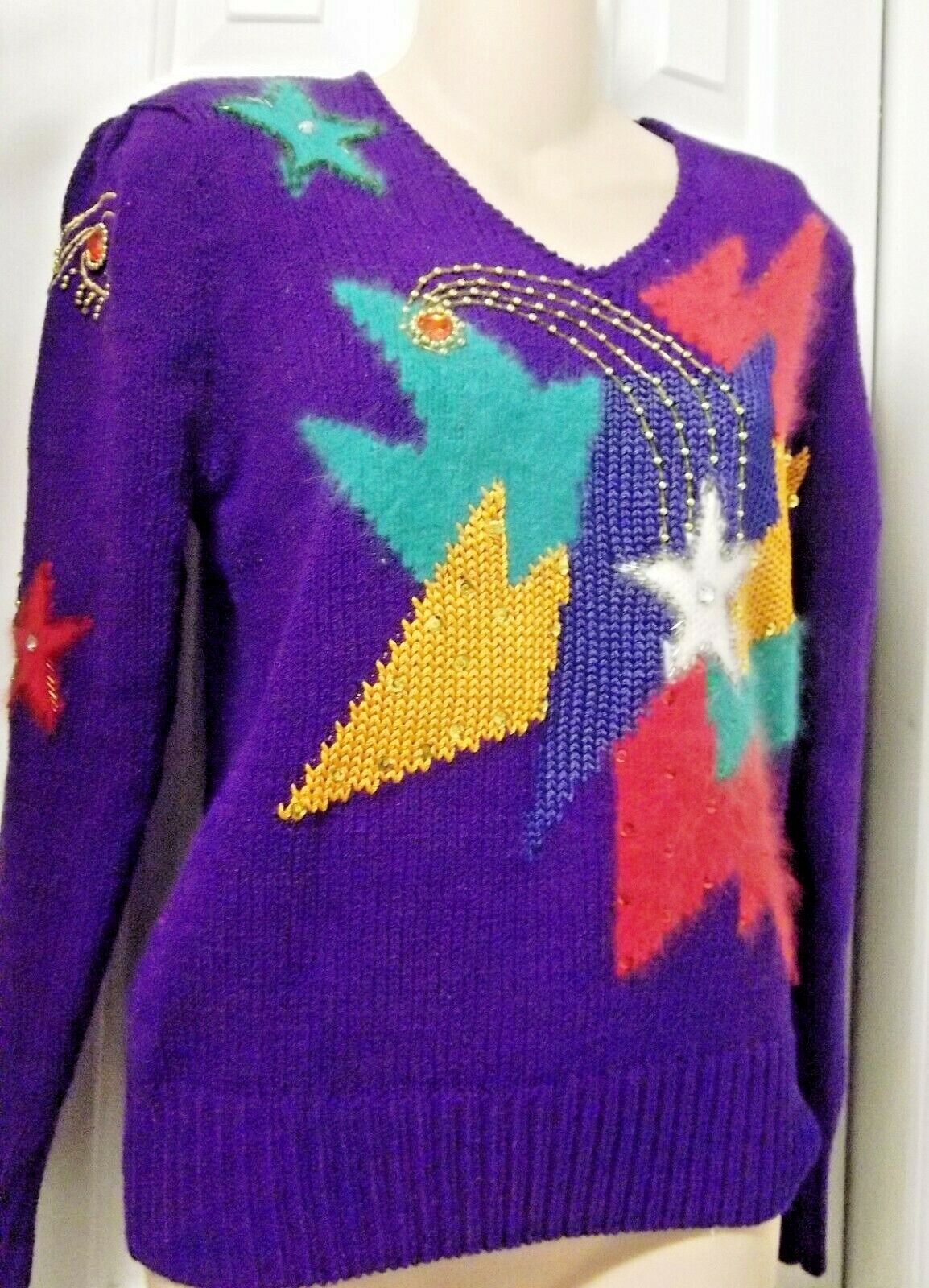 Vintage CHRISTINE Sweater Shimmering Purple Hand Knit Angora Beads Sequins sz S