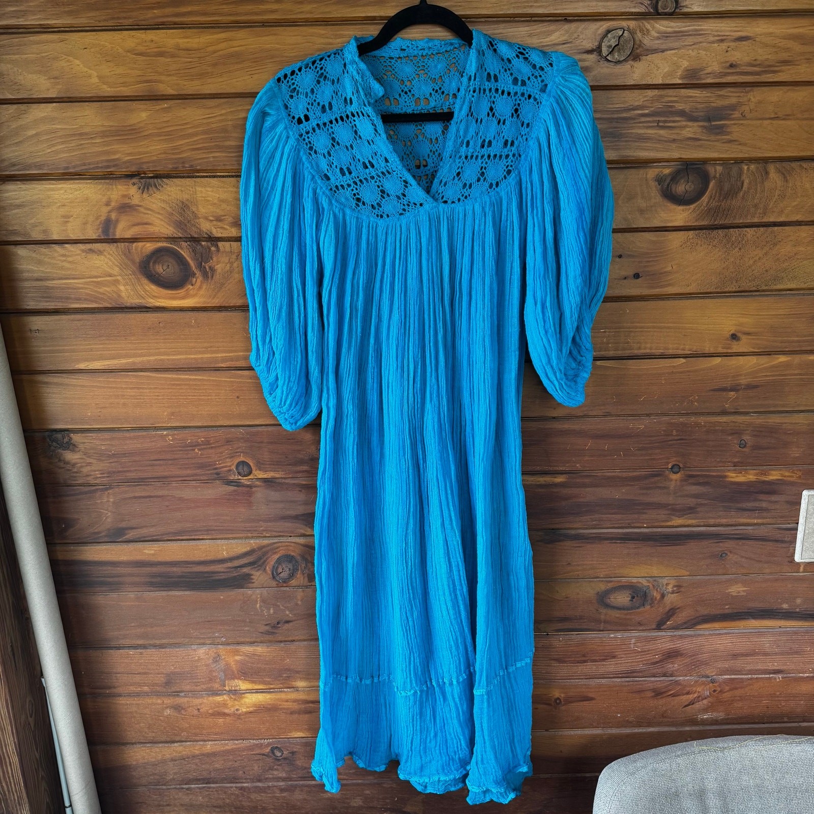 VTG 1970s Oaxaca Boho Hippie Turquoise Blue Cotton Gauze Flowy Dress Size S/M