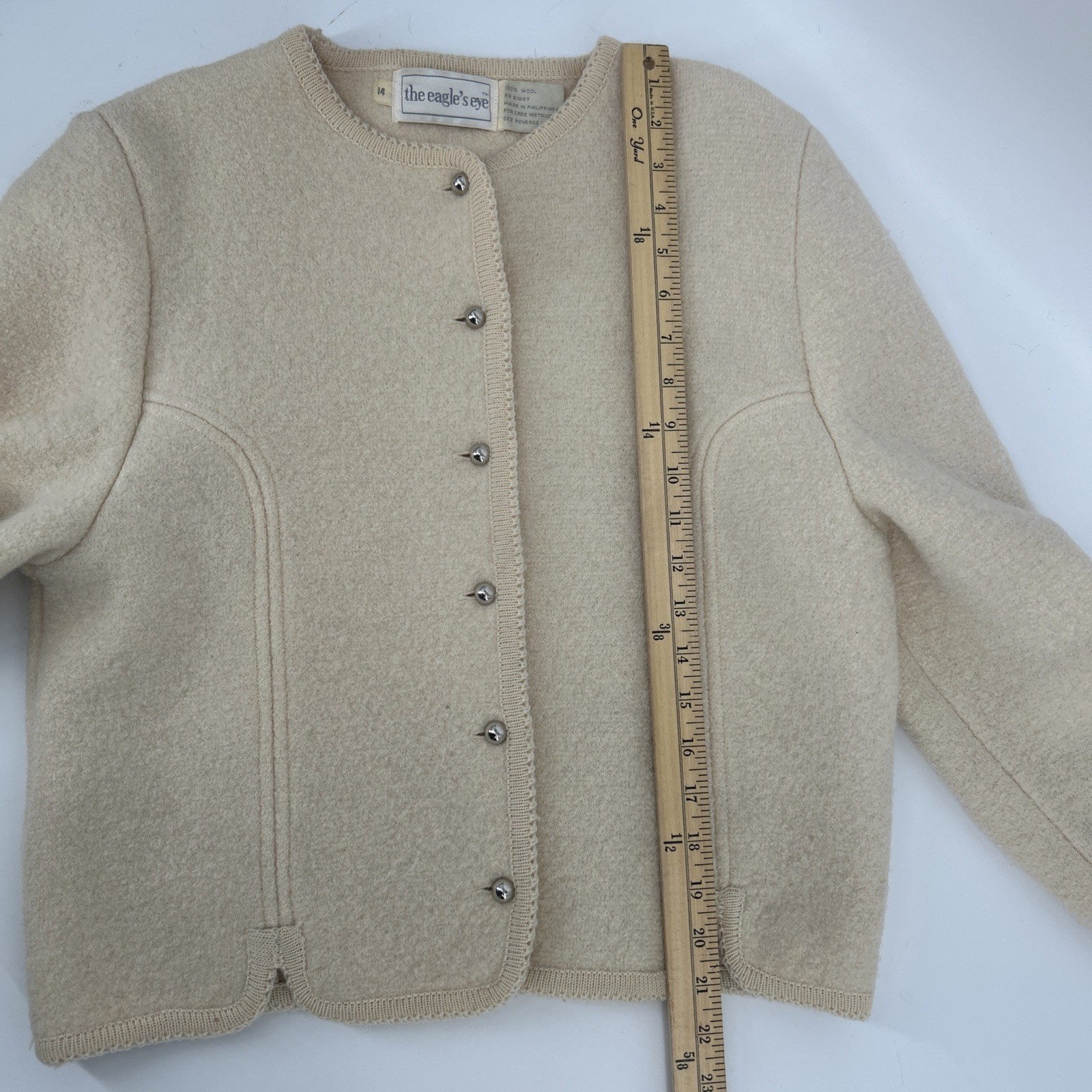 Vintage The Eagle’s Eye Boiled Wool Jacket Womens Size 14 Cream Ivory 80s 90s