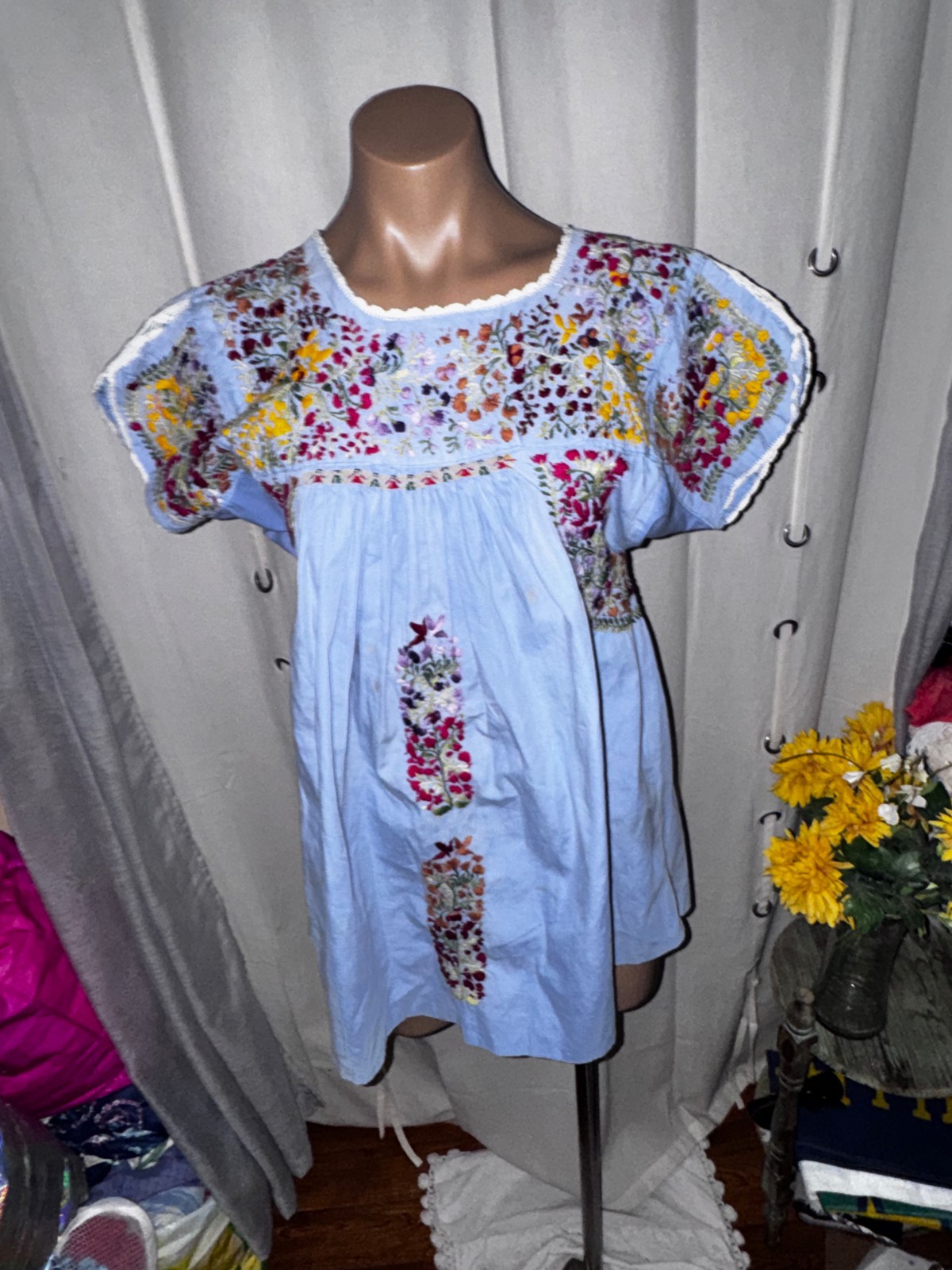 Vtg Blue Cotton Oaxacan Mexican Huipil Embroidered Floral Maxi Top Sz S/M