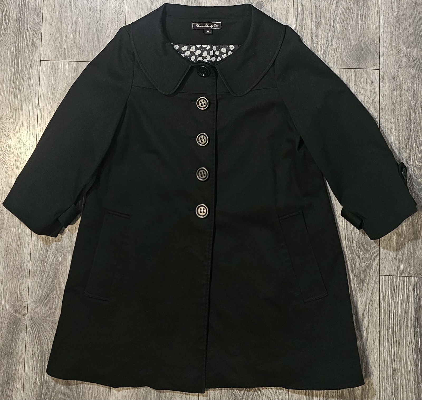 Vtg Forever 21 Lined 3/4 Sleeve Wide Rounded Collar Peacoat Black Women’s Size M