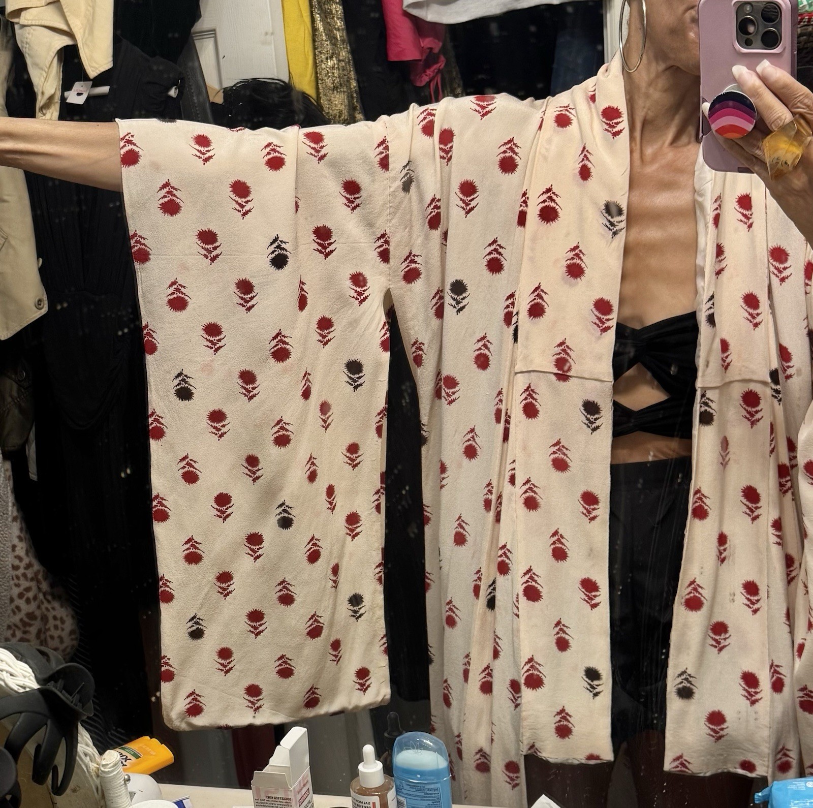 Vtg Kimono Silk Crepe Extreme Long Sleeves Duster Jacket Robe Off White Red