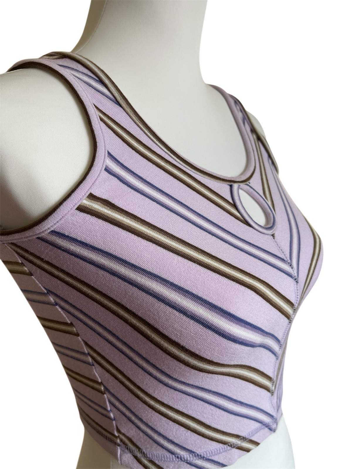 Y2K Blue Asphalt Lavender Brown Striped Knit Cropped Tank Top Keyhole Sleeveless