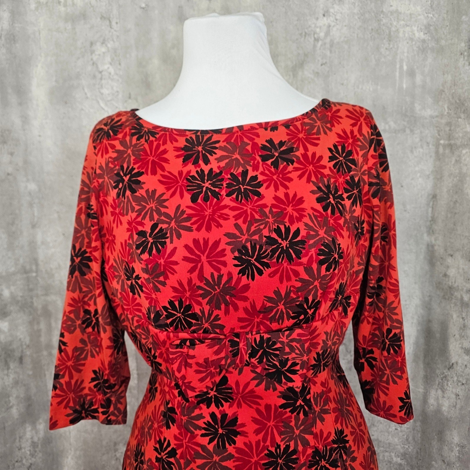 Vintage 60s Red Black Floral Wiggle Draped Back Dress Bow Waist Cocktail Party