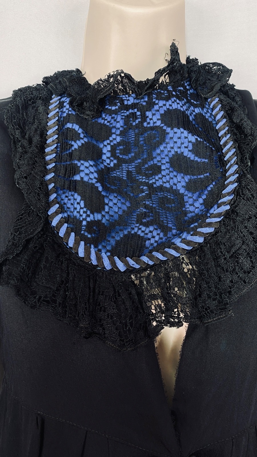 Vintage 1900s black dress XXS teen girls’ long puffed sleeves blue lace midi