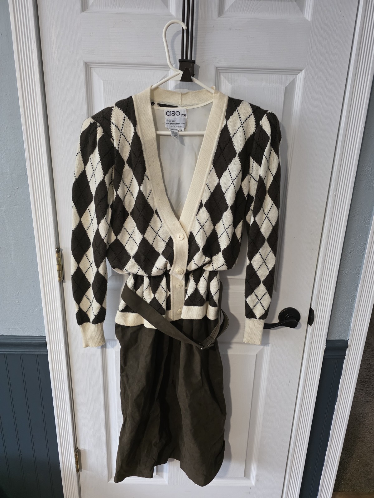 Ciao Vintage 1 Piece Dress w/ Argyle Sweater Faux Suede Skirt Size 12 Brown/Whit