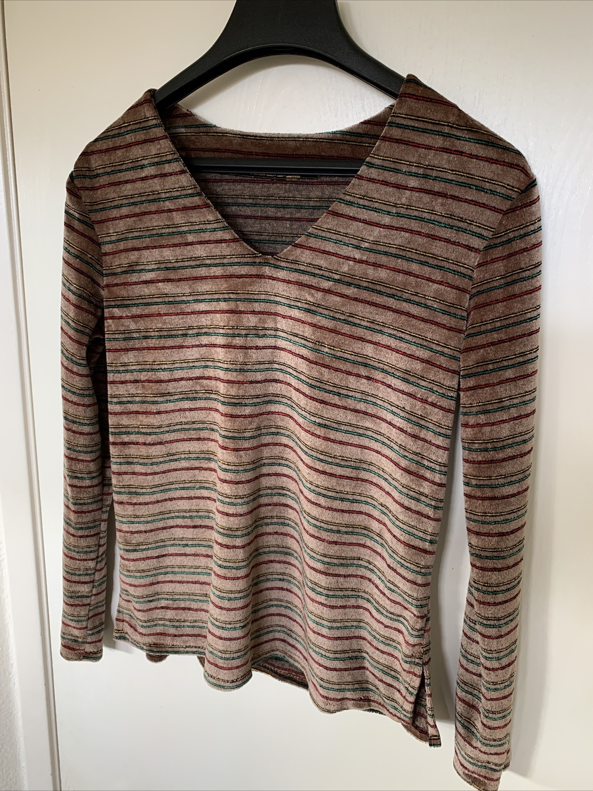 Knit Vintage 1970’s Multi Color Brown Striped V Neck Sweater Shirt Women’s Sz L